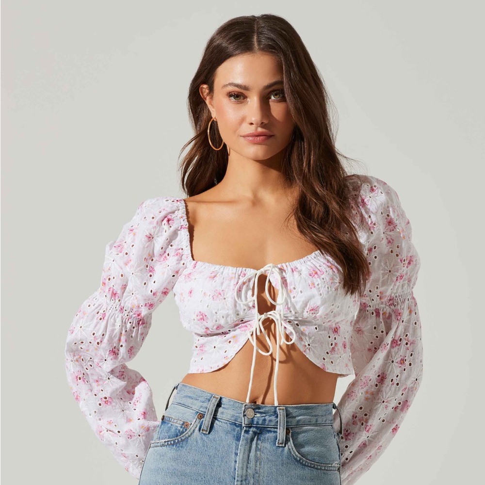 ASTR The Label Valo Floral Eyelet Long Sleeve Crop Top